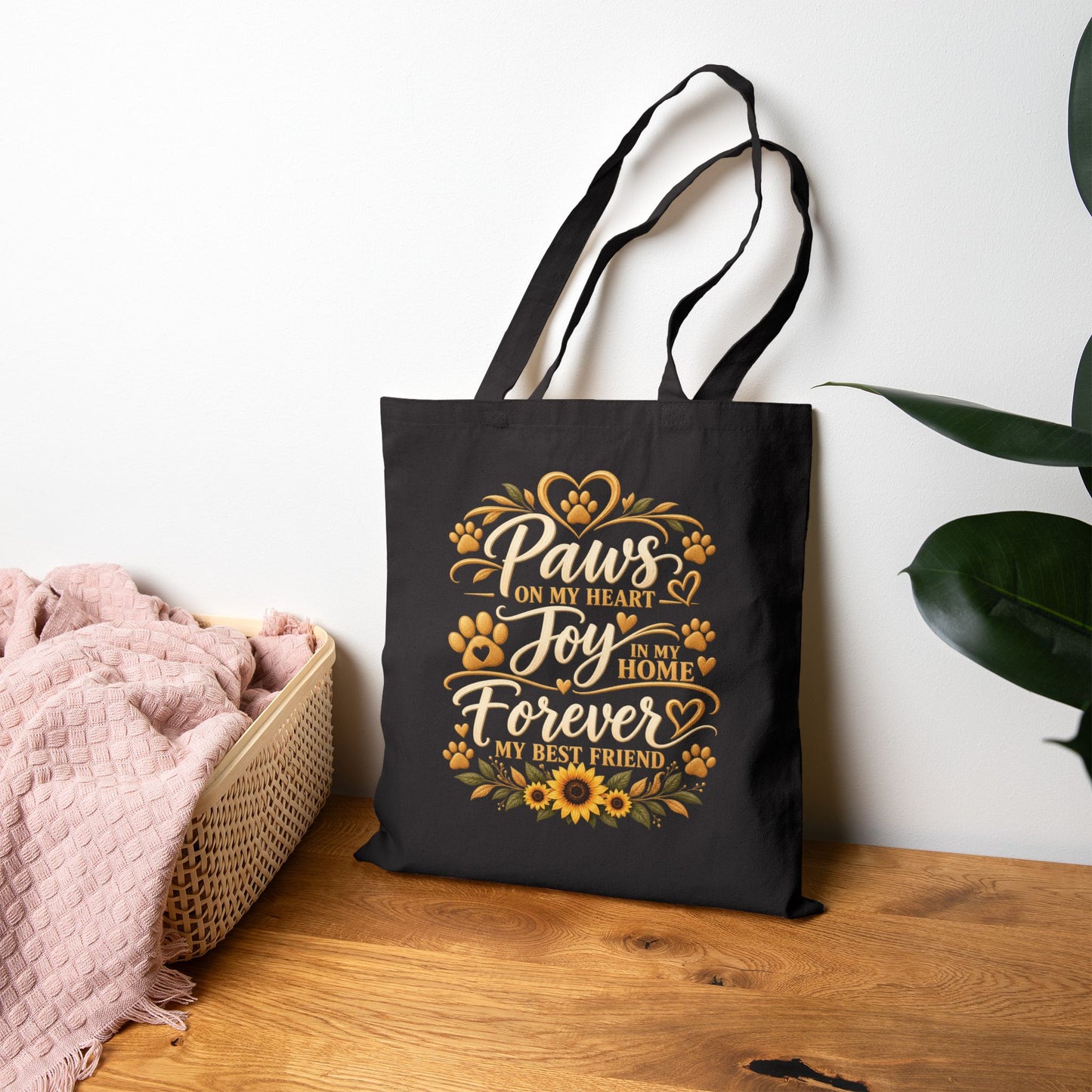 Golden Retriever Mom Tote Bag – Golden Mom Black Canvas Tote with Gold Sunflower Design | Dog.