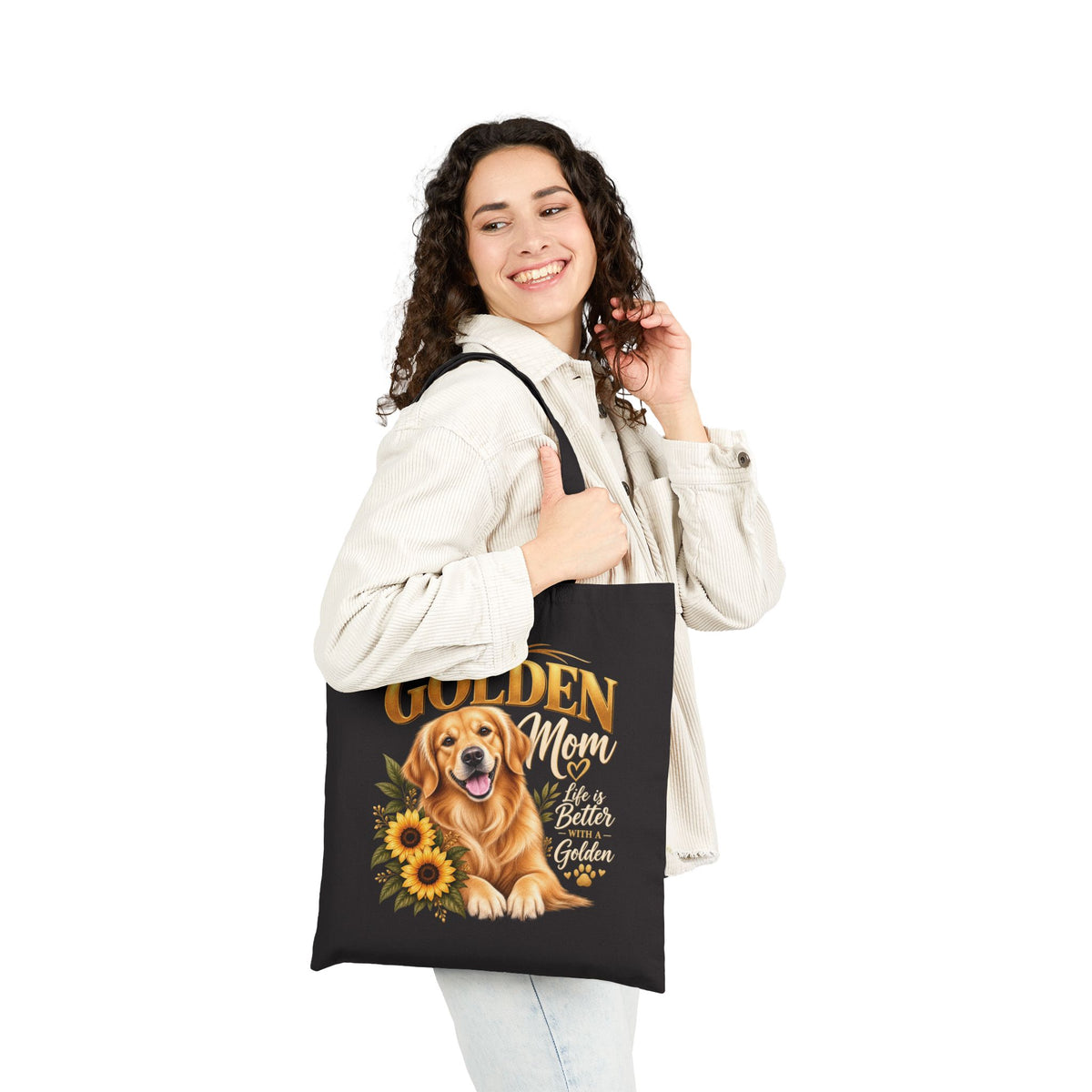 Golden Retriever Mom Tote Bag – Golden Mom Black Canvas Tote with Gold Sunflower Design | Dog.