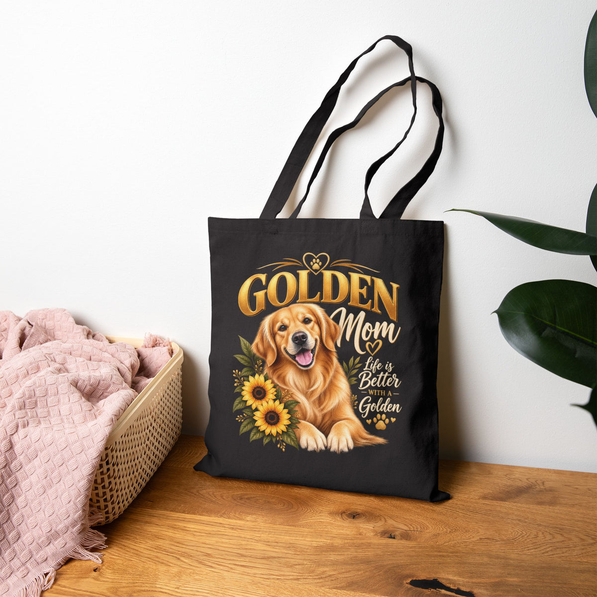 Golden Retriever Mom Tote Bag – Golden Mom Black Canvas Tote with Gold Sunflower Design | Dog.