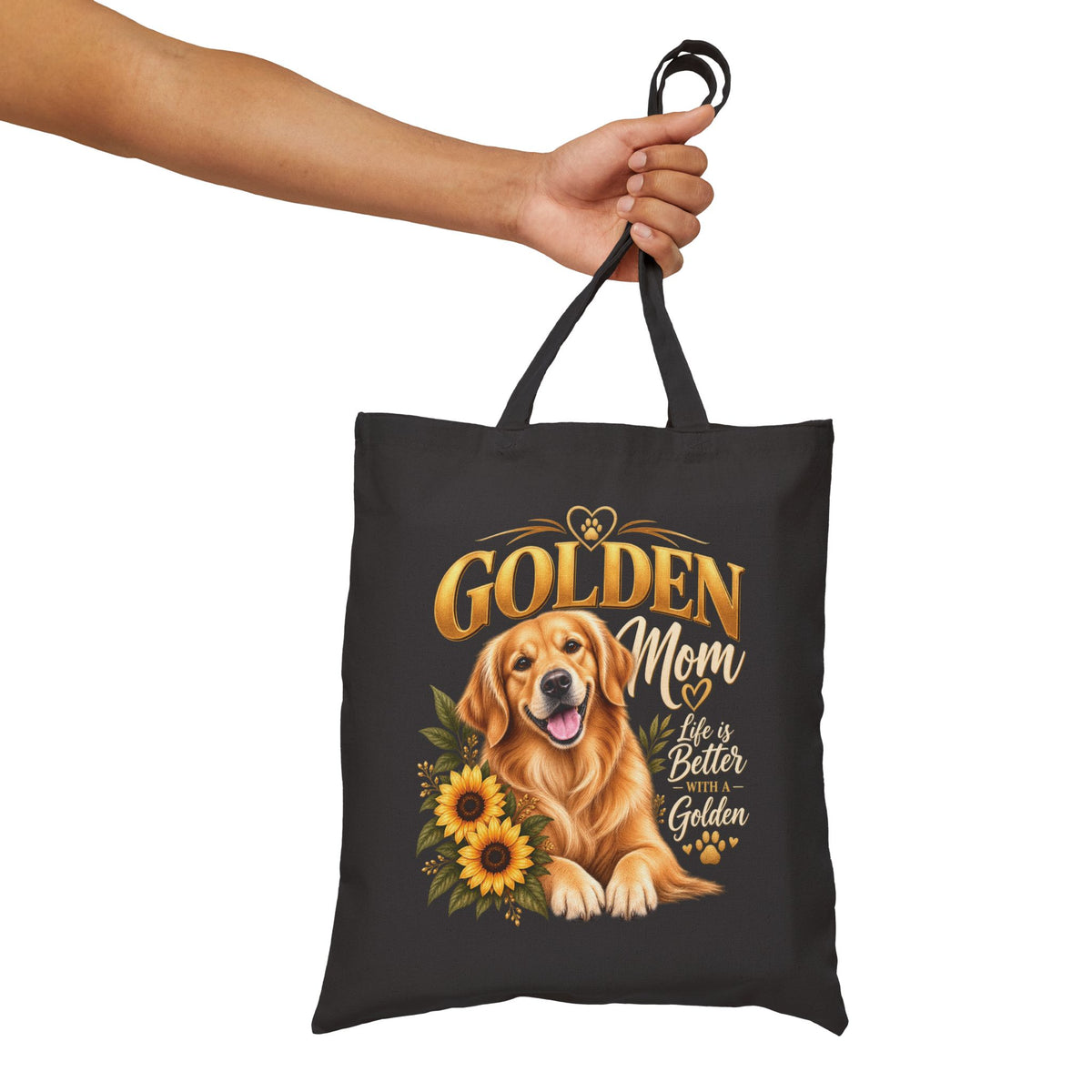 Golden Retriever Mom Tote Bag – Golden Mom Black Canvas Tote with Gold Sunflower Design | Dog.