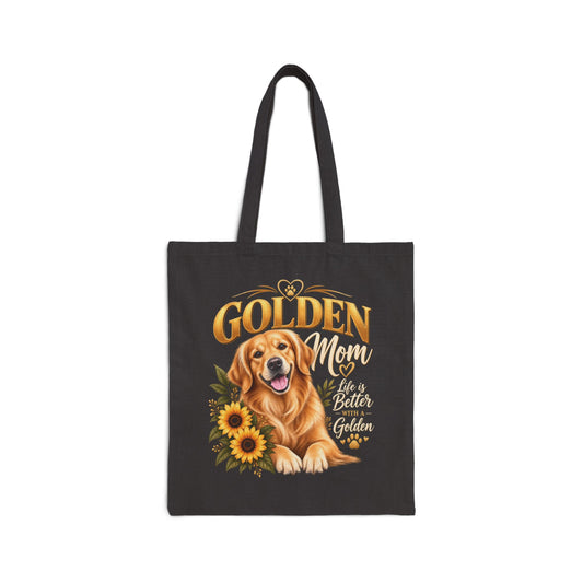 Golden Retriever Mom Tote Bag – Golden Mom Black Canvas Tote with Gold Sunflower Design | Dog.