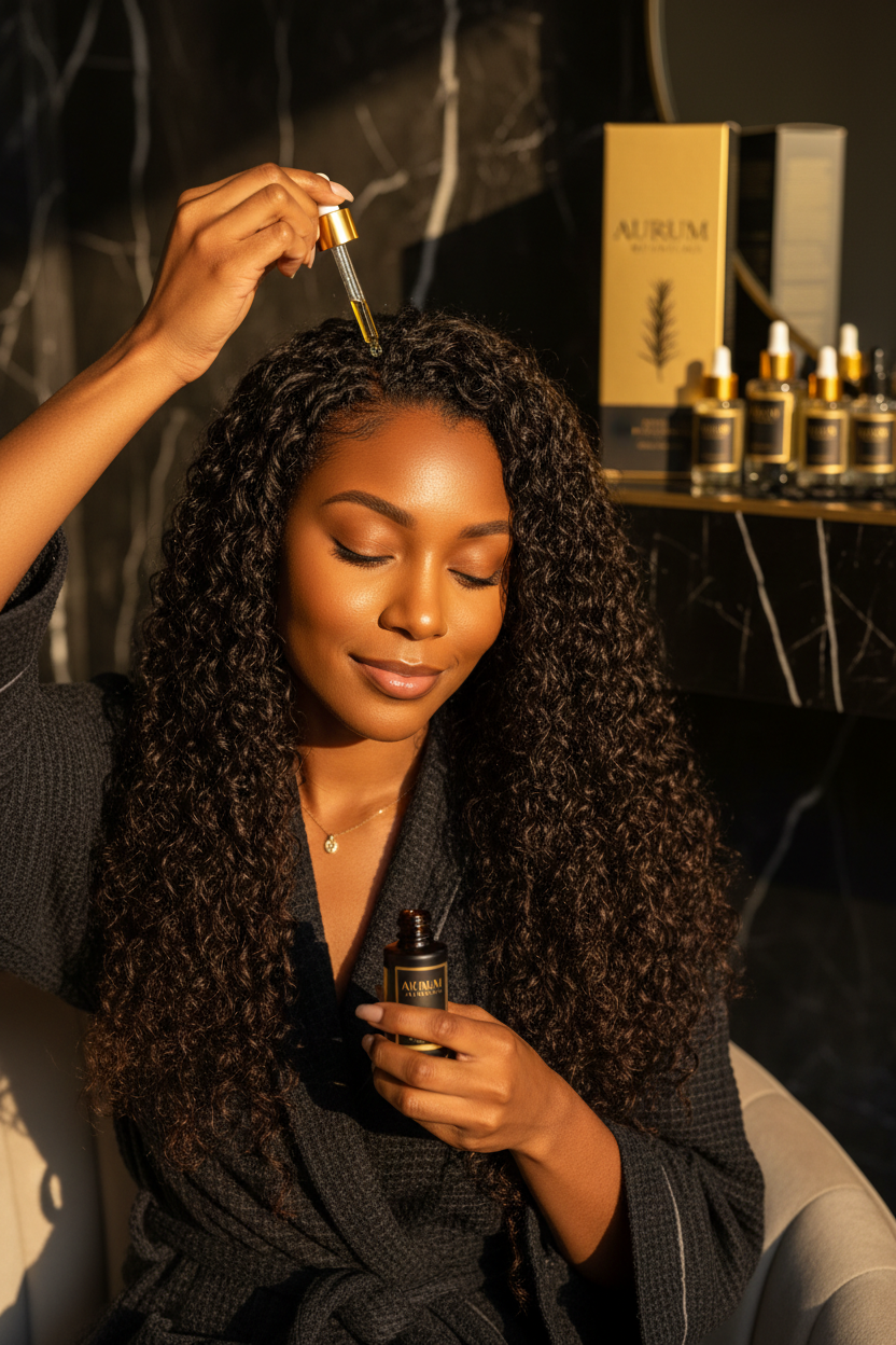 Woman with natural hair applying Royal Mama Africa Rosemary Oil